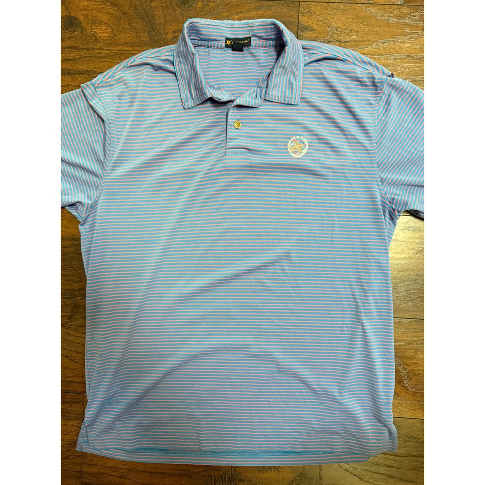 Sakmann Mens Polo Shirt Large Blue Pink Striped RRC Performance Golf Short Sleev